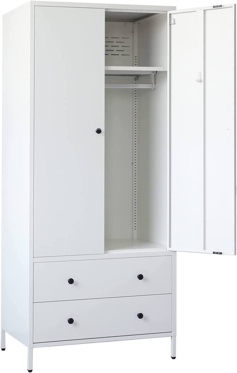 CJF Metal Storage Wardrobe with Hanging Rod， Armoire with 2 Doors and 2 Drawers，Steel Wardrobe Closet for Home， Office 74&#34; H x 31.5&#34; W x 20&#34; D (White)