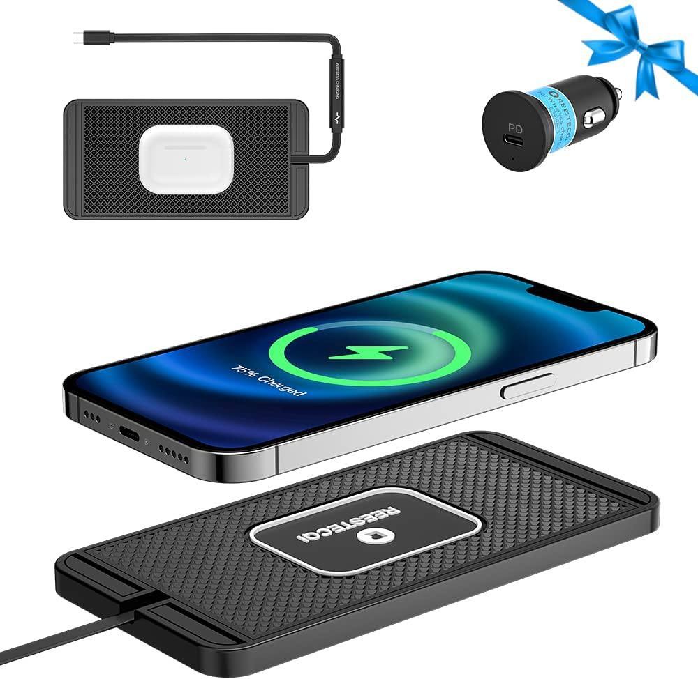 Wireless Charging Pad for Car REESTECQI 15W Qi Wireless Car Charger Pad Type C Wireless Charger Mat Non Slip Pad with PD20W Car Charger for Airpods iPhone 14/13/12/11 Samsung S22/S21/S20 (30CM Cable)