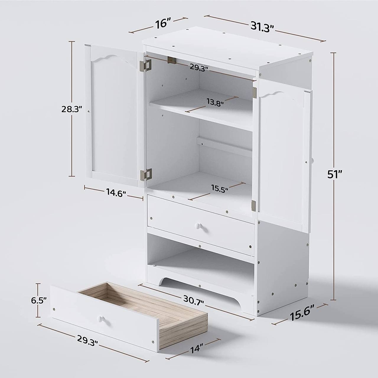 Rophefx 2 Door Kids Wardrobe with 2 Storage Drawers， Bedroom Armoire with Adjustable Shelf and Hanging Rod， Clothes Hanging Storage Rack， White