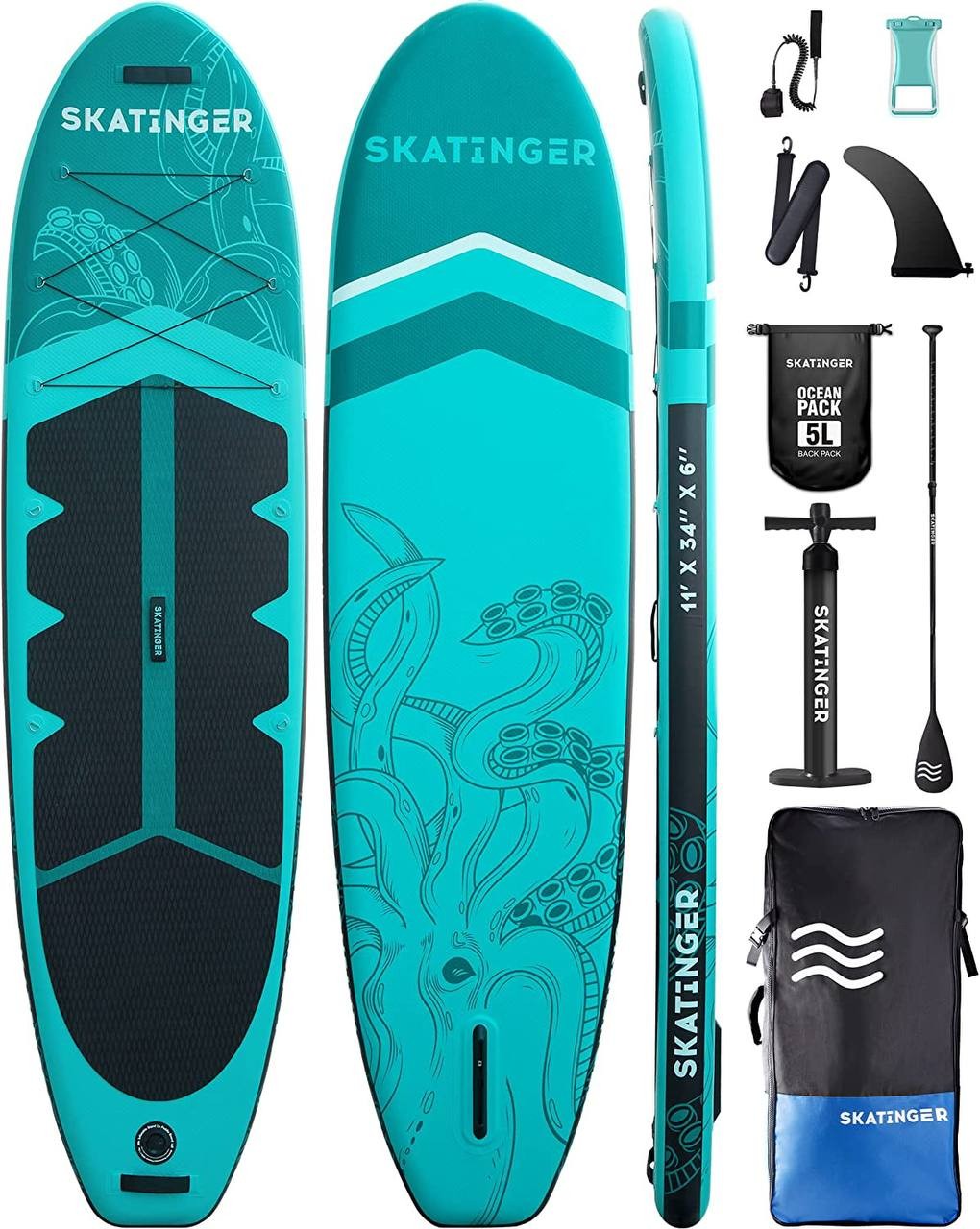 Skatinger 11'x34'' Extra Wide Inflatable Paddle Board, Up to 420lbsPaddle Boards for Adults, Stable Stand Up Paddle Board, 2 People/Family, Wide&Stable, Floating Paddle, Shoulder Strap, US Fin