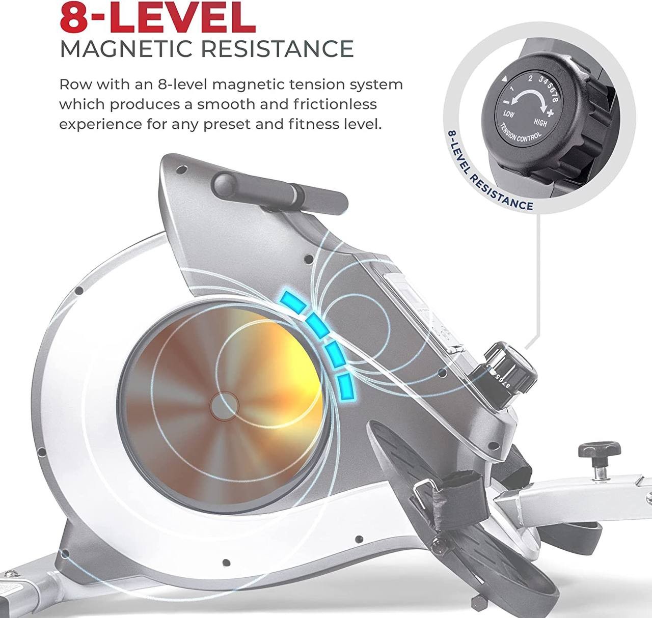 Sunny Health &amp; Fitness Magnetic Rowing Machine with Extended Slide Rail with Optional Exclusive SunnyFit® App Enhanced Bluetooth Connectivity， 250 LB Weight Capacity