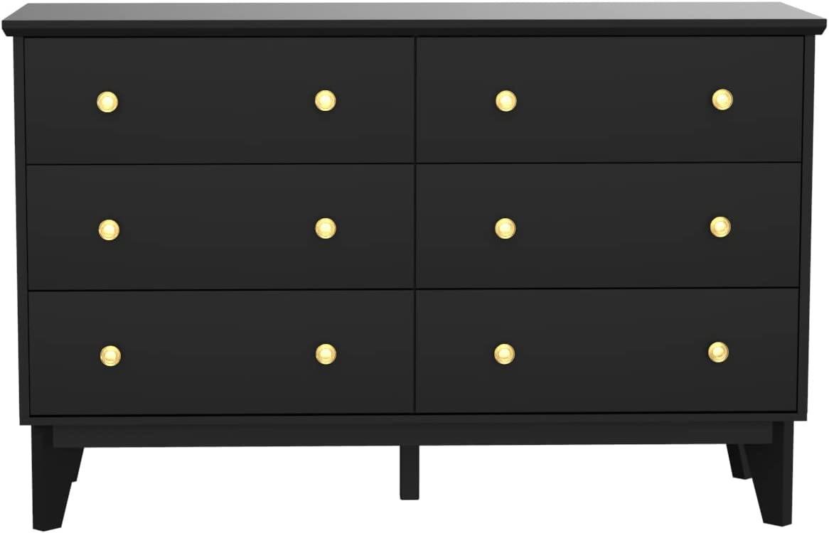 JOZZBY 6-Drawer Black Dresser with Metal Handles，Modern Dresser for Bedroom，Wood Storage Chest of Drawers for Living Room Hallway Entryway