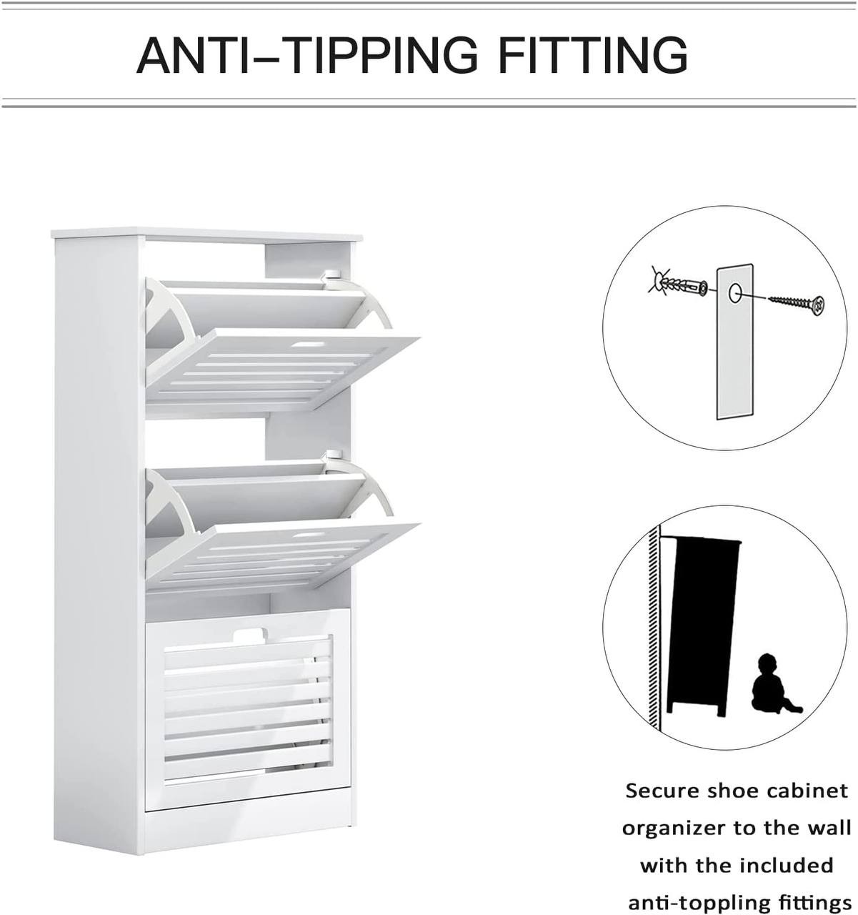 Sweiko Narrow Shoe Cabinet with 3 Flip Drawers Freestanding Shoe Cabinet Organizer with Hidden Handle Wooden Shoe Rack Storage Cabinet for Entryway Hallway Bedroom Living Room White