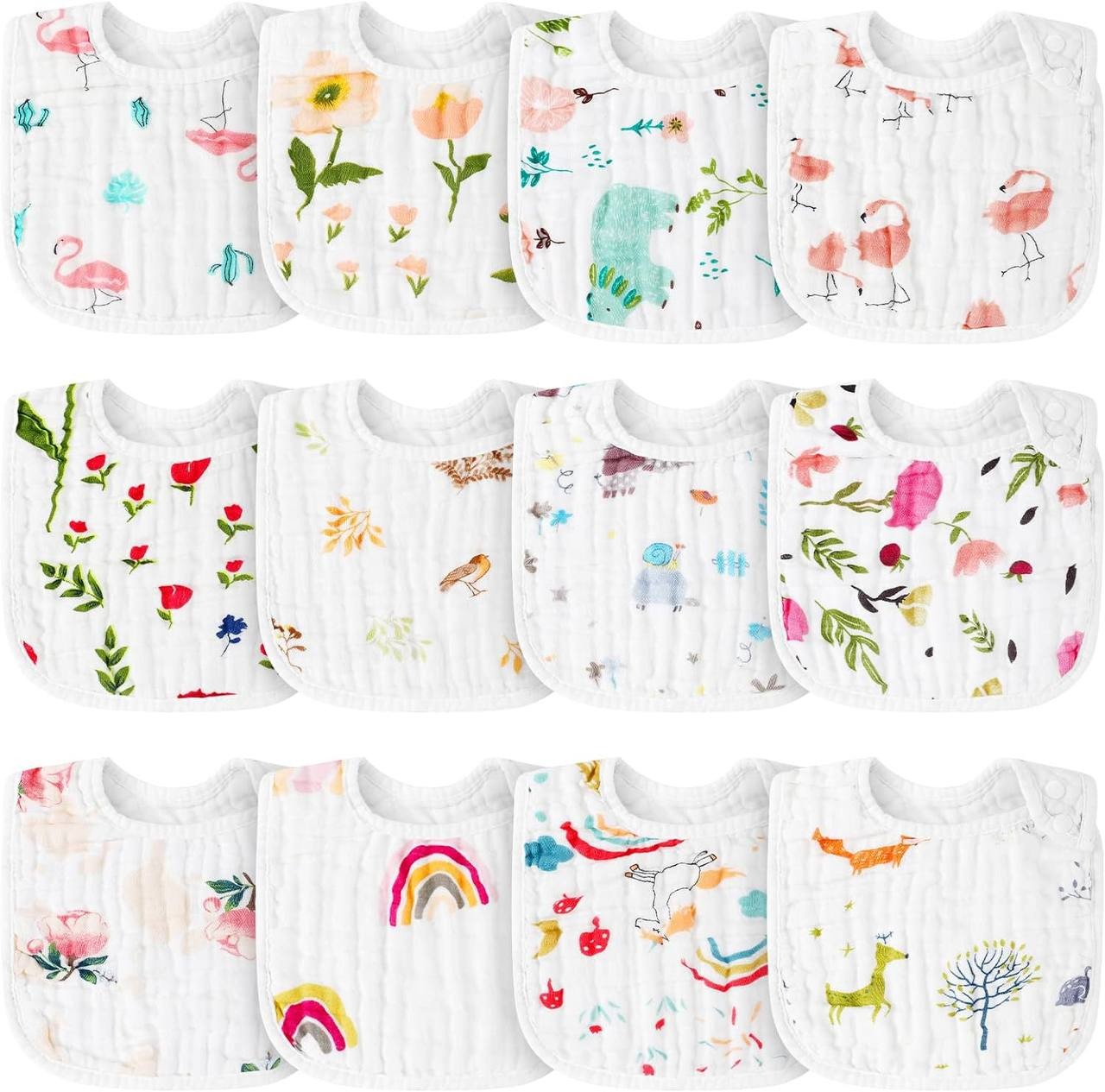 Cindeer 12 Pcs Snap Muslin Baby Bibs for Boy Girl, Cotton Drool Bibs, 6 Layers of Cotton Gauze Baby Saliva Towel Baby Bibs for Infant Neutral Newborns Toddlers Drooling Teething Feeding Baby Shower