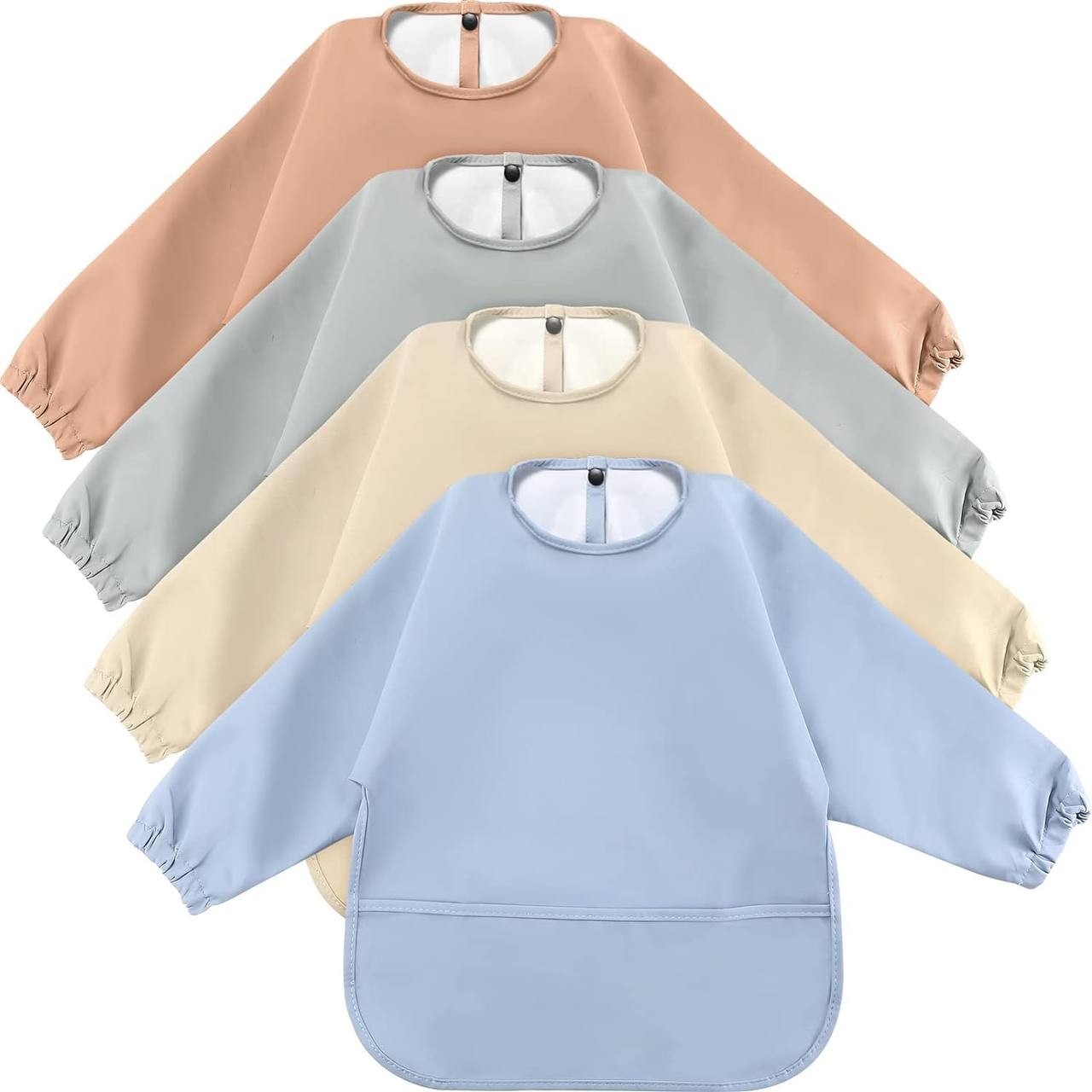 4 Pack Long Sleeve Baby Bibs Waterproof Long Sleeved Bib Baby Eating Smock Bib Feeding Baby Bib with Sleeves Baby Shirt Bib with Food Catcher Soft Art Smock Bibs for Babies Toddlers 6-36 Months