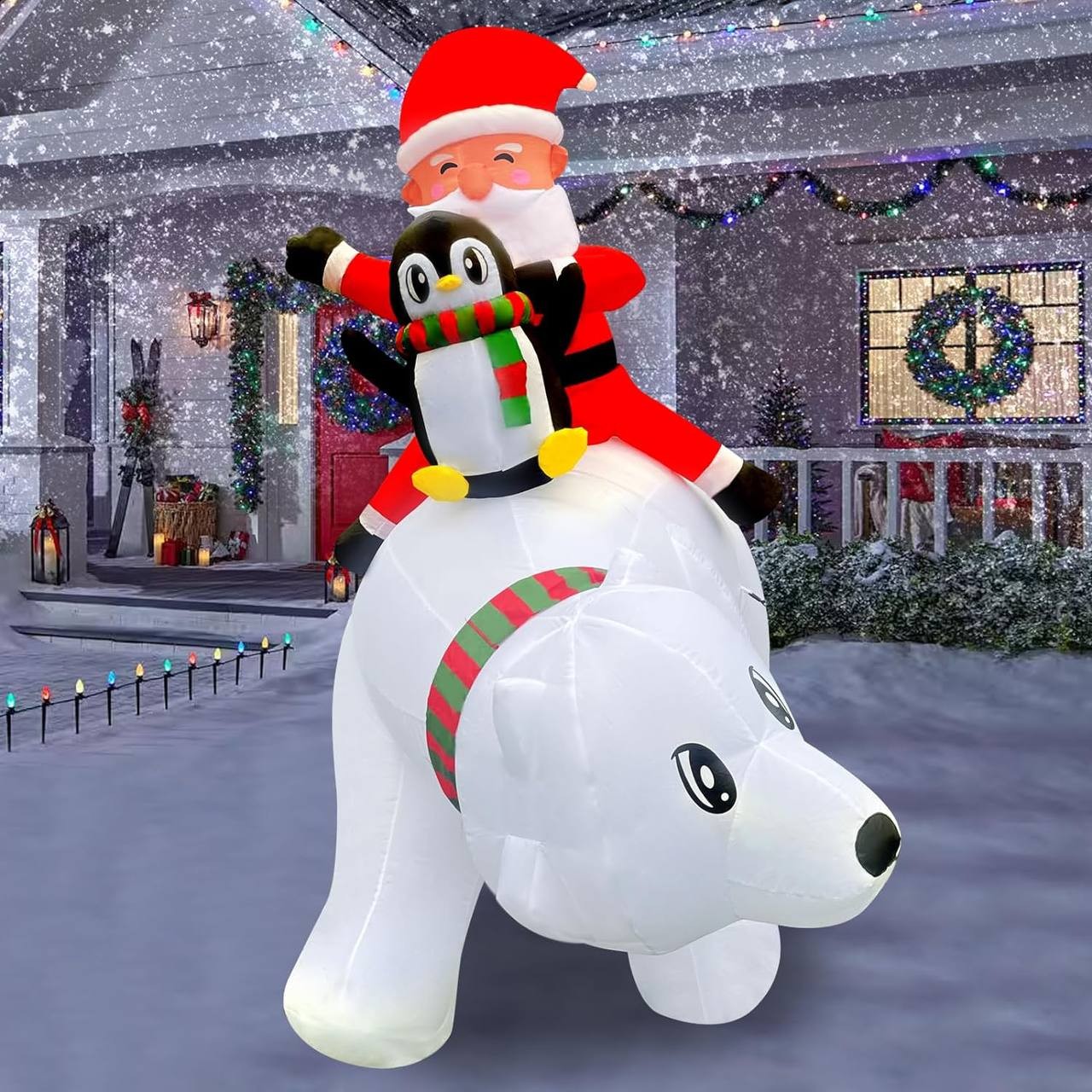 6FT Christmas Inflatable Outdoor Decoration, Blow Up Santa Claus Penguin Riding on Polar Bear with Gift Boxes and Built-in LED Lights for Outside Yard Lawn Party Storefronts